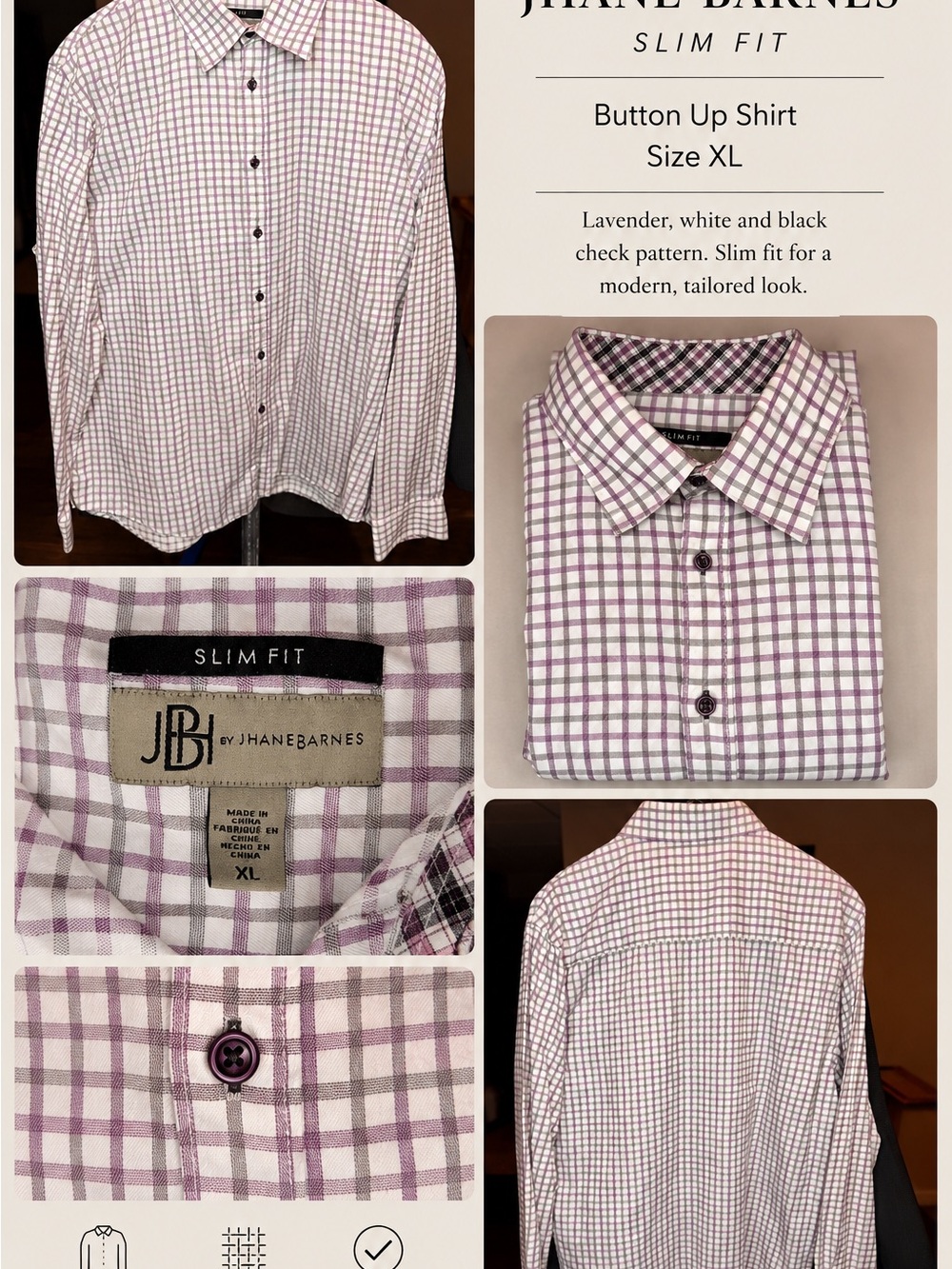 Jhane Barnes Slim Fit Lavender Check Button-Up Shirt - XL